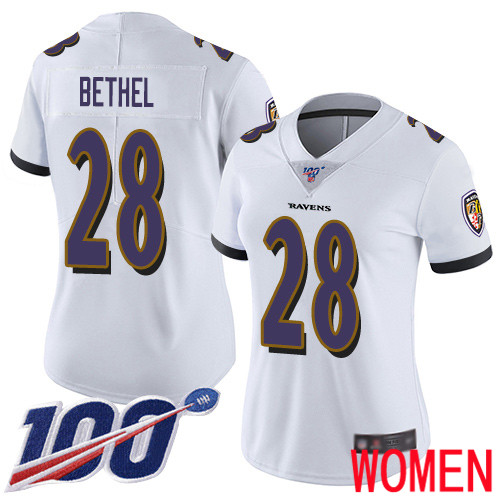 Baltimore Ravens Limited White Women Justin Bethel Road Jersey NFL Football 28 100th Season Vapor Untouchable